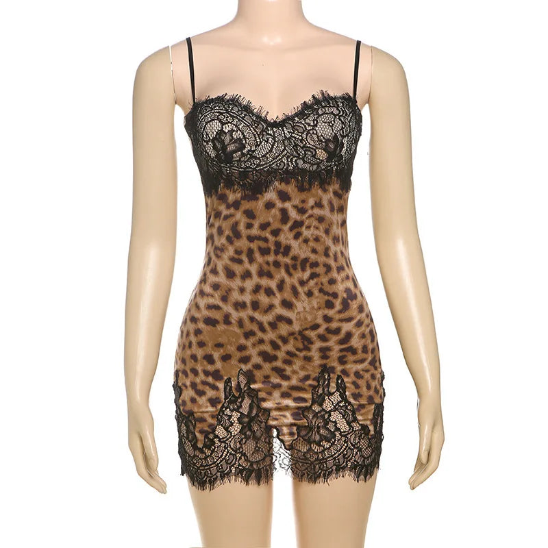Leopard Patchwork Lace Mini Dress With Spaghetti Straps High Waist