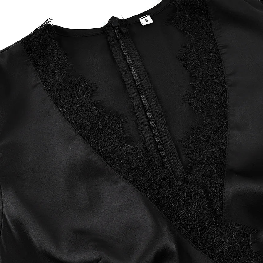 Hollow Out Patchwork Lace Dress With V Neck Short Sleeve High Waist Slim Fit