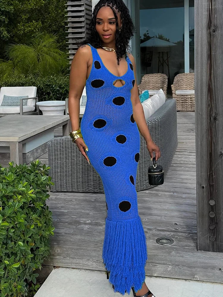 Midnight Sleeveless Knit Maxi Dress With Hollow Dot Tassel Hem