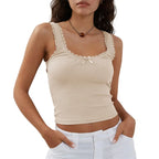 Coquette Lace Trim Knit Crop Top With Bow Sleeveless Square Collar