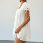 Vintage Puff Sleeve Women Square Neck A-line Mini Ruffled Fairy Flowy Short Dress