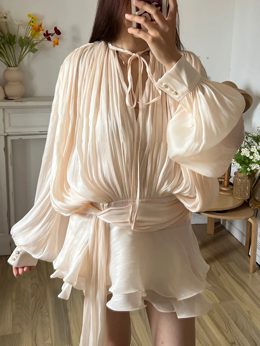 Lace Up V Neck Mini Dress For Women Long Sleeve