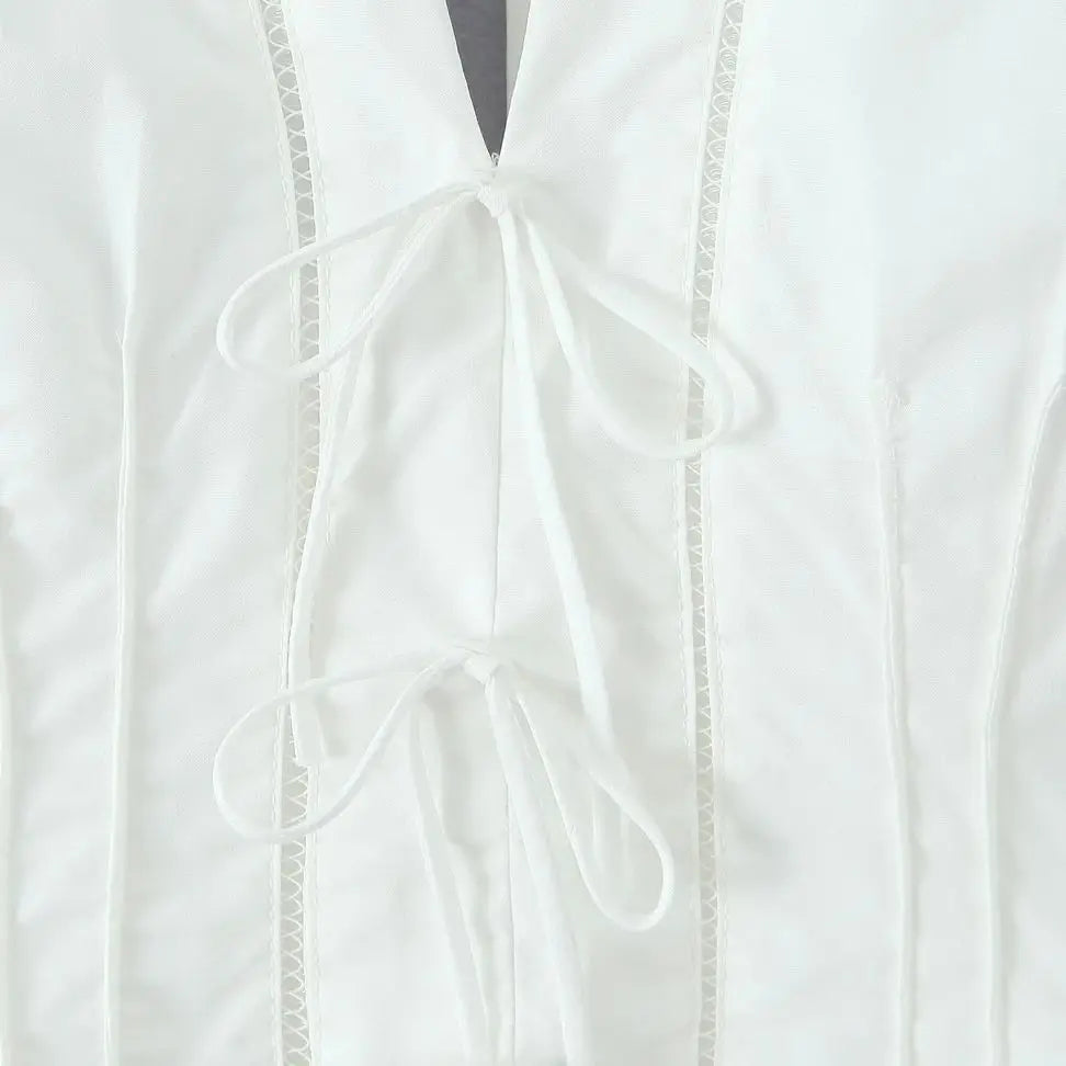 Sexy White Bow Halter V neck Open Buttons Slim Tank Top Women Spliced Ruffles Lace Hem Sleeveless Backless