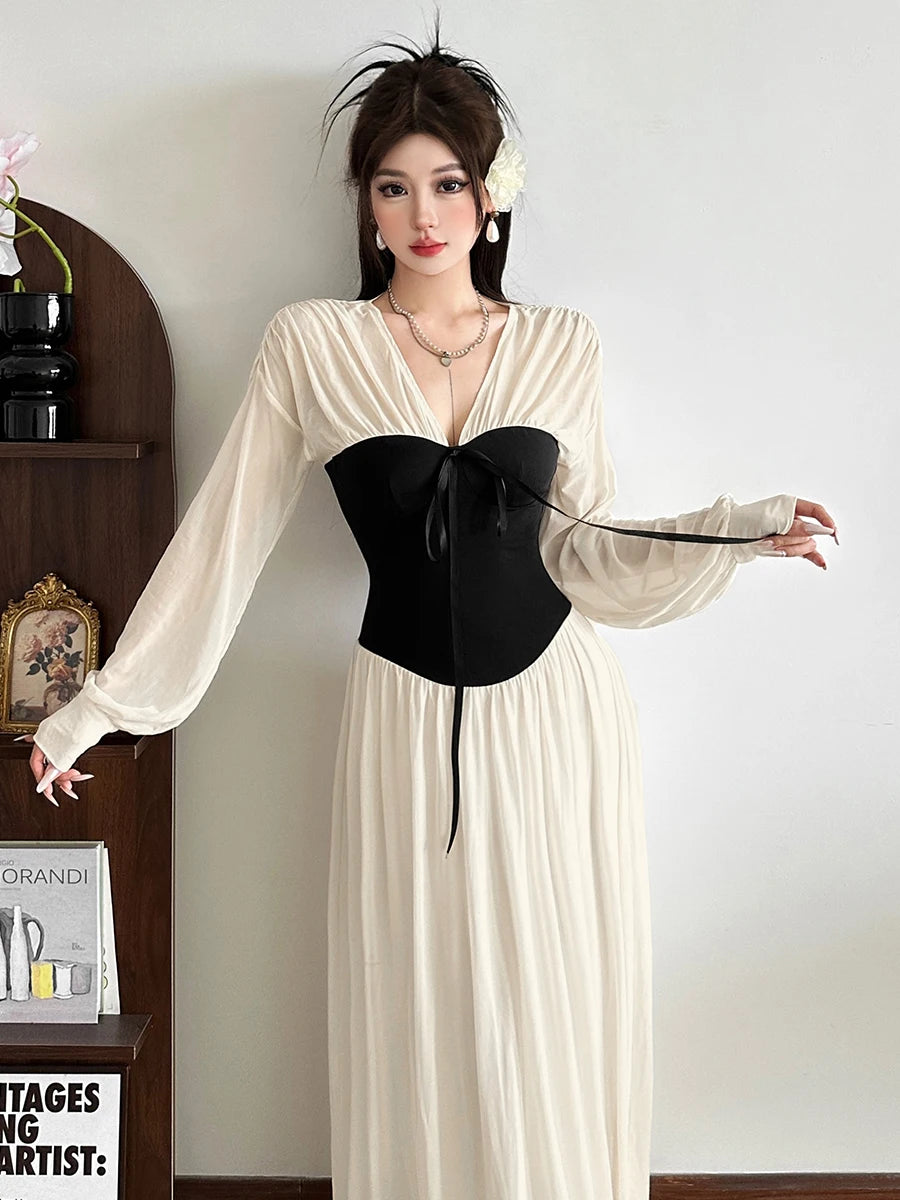 Chic Color Block Dress With Cinched Waist And V Neck