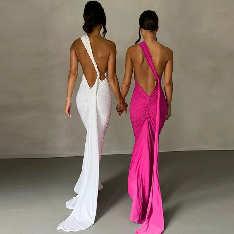 One Shoulder Backless Ruched Dress