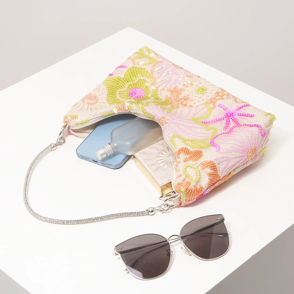 Floral Embroidered Sequin Shoulder Bag For Women Crescent Shape Evening Purse