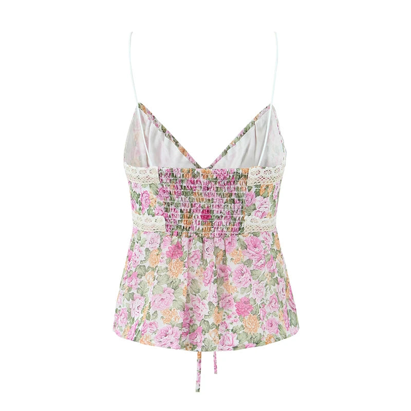 Floral Print Chiffon Sexy Backless Slim Super Short Lace Camis Top