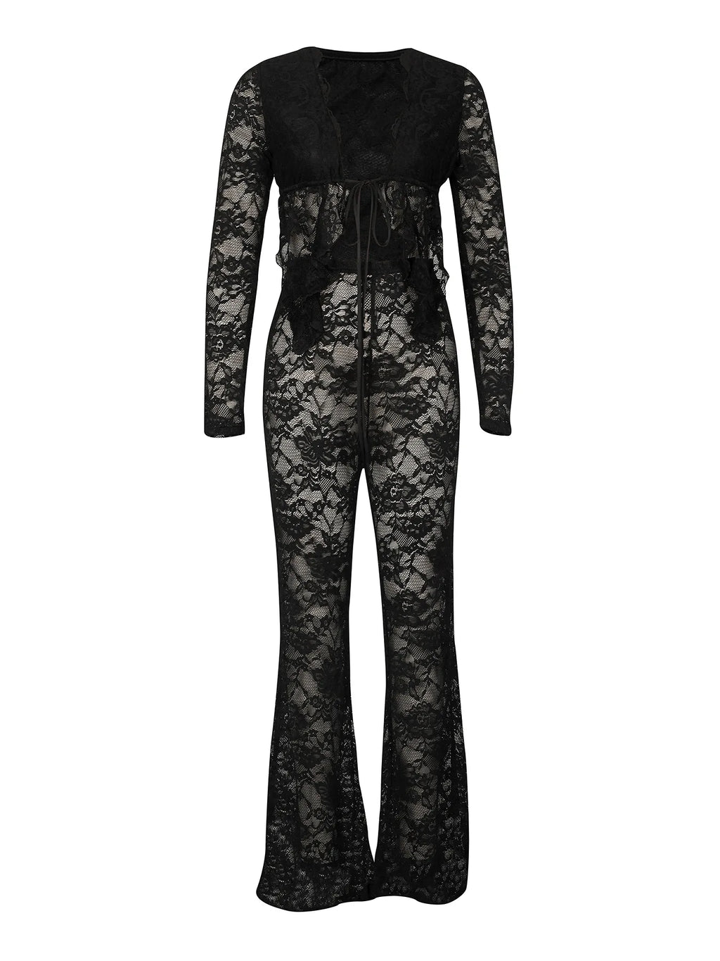 See Through Lace Set With Long Sleeve Top And Pants