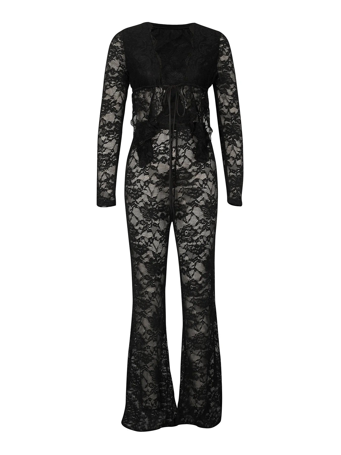 See Through Lace Set With Long Sleeve Top And Pants