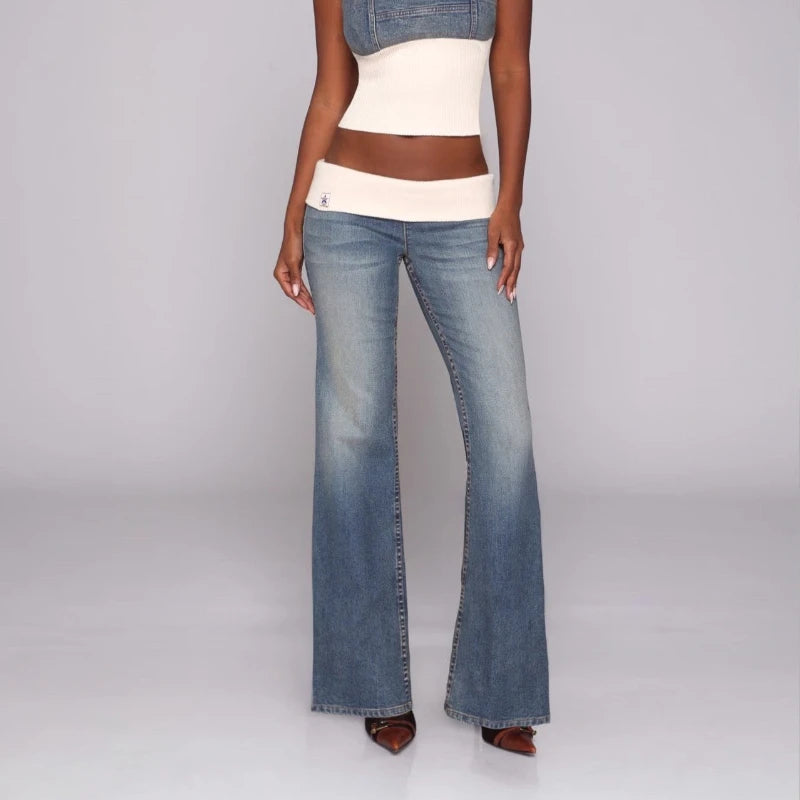 Vintage Patchwork Bootcut Jeans For Women Washed Low Waist Streetwear Style