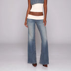 Vintage Patchwork Bootcut Jeans For Women Washed Low Waist Streetwear Style
