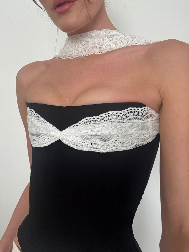 Punk Patchwork Mesh Halter Tank Top Y2K Vibe With Lace Up Details