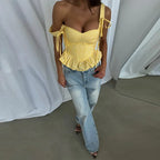 Sunny Plaid Sling Top With Ruffles V Neck Sleeveless