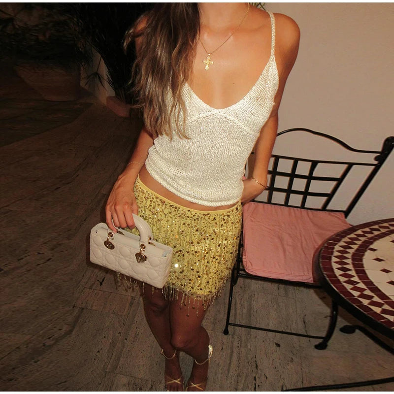 Beaded Sequin Two Piece Set Sleeveless Backless Crop Top And Mini Skirt Glam Outfit