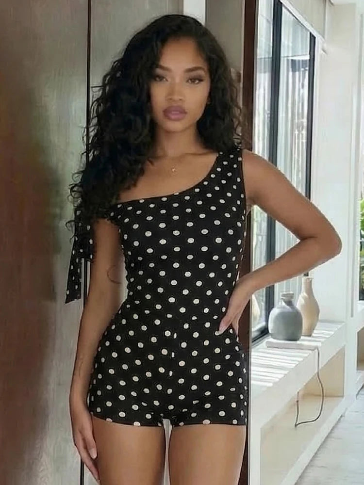 Polka Dot Playsuit With Tassel Details Sleeveless Low-Neck