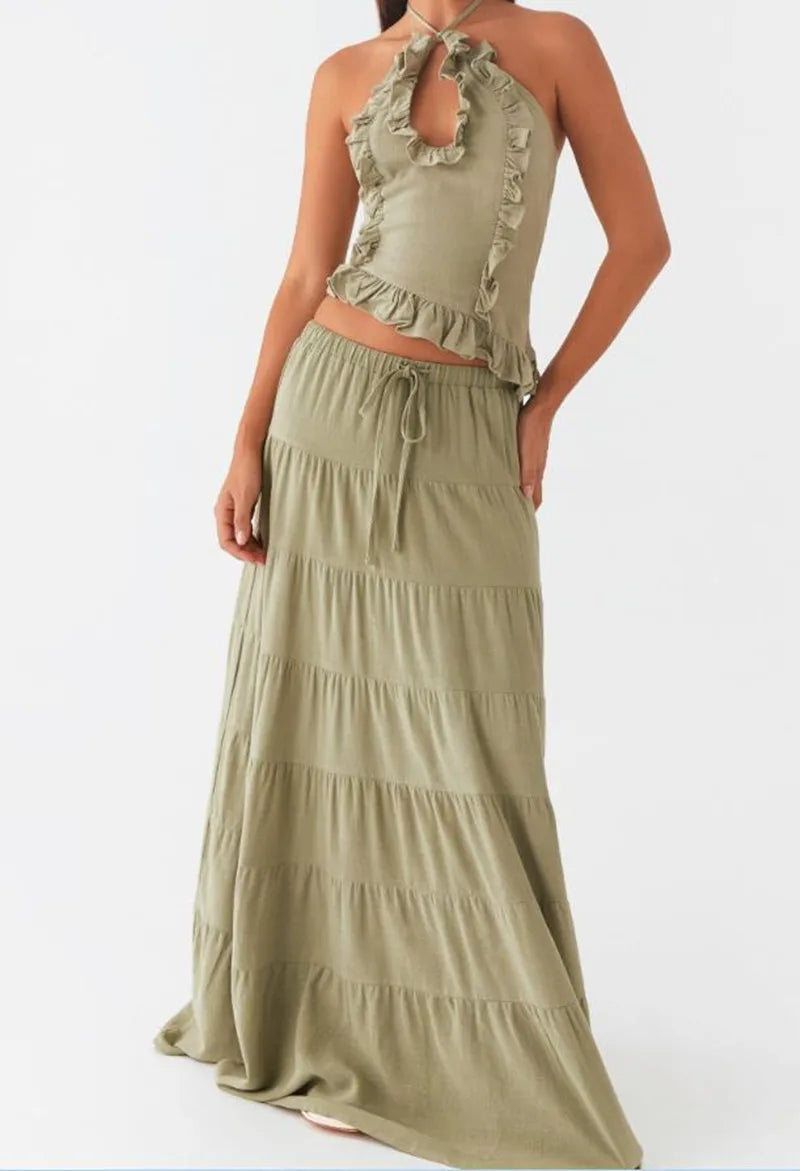 Halter Crop Two Piece Maxi Skirt Set With Ruffle Tiered Flowing Silhouette