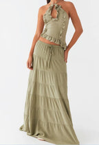 Halter Crop Two Piece Maxi Skirt Set With Ruffle Tiered Flowing Silhouette