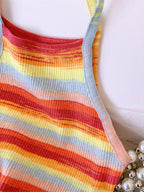 Striped Ribbed Knit Cami Top With Square Neck Sleeveless Rainbow Crop