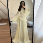 Flare Sleeve Maxi Dress With Ruffle Detail O Neck High Waist Pleated