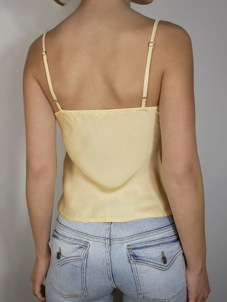 Satin Spaghetti Strap Camisole With Lace Trim V Neck Top