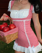 Sweet Vintage Plaid Babydoll Mini Dress With Gingham Lace Trim