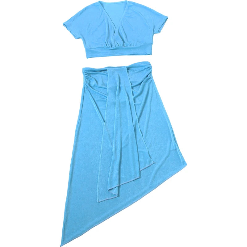 Velvet two piece Set for Women With V Neck Crop Top Ruched Ribbon Patchwork Irregular Hem