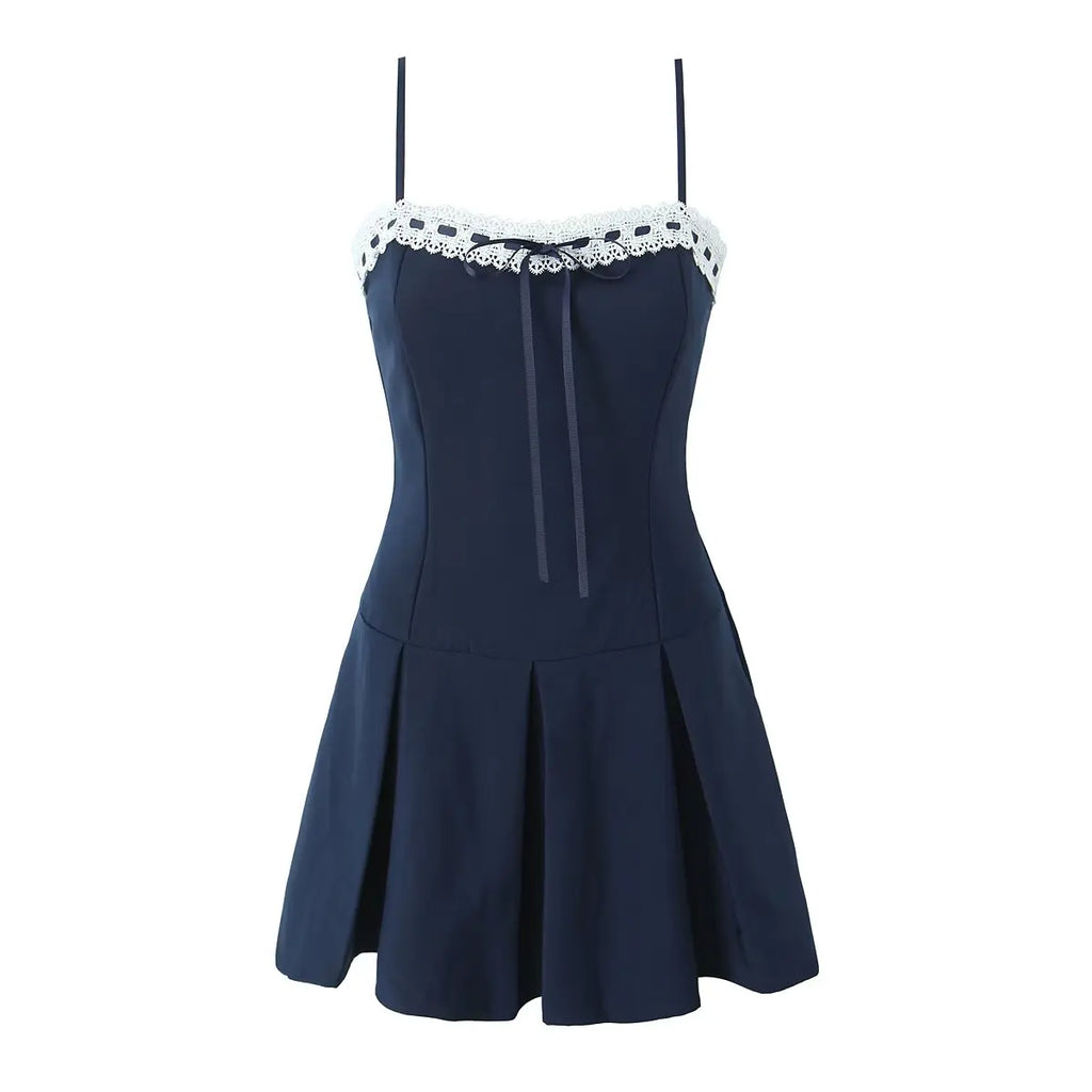 Lace Patchwork Sling Mini Dress For Women Sexy Low Waist Pleated Hem A-line