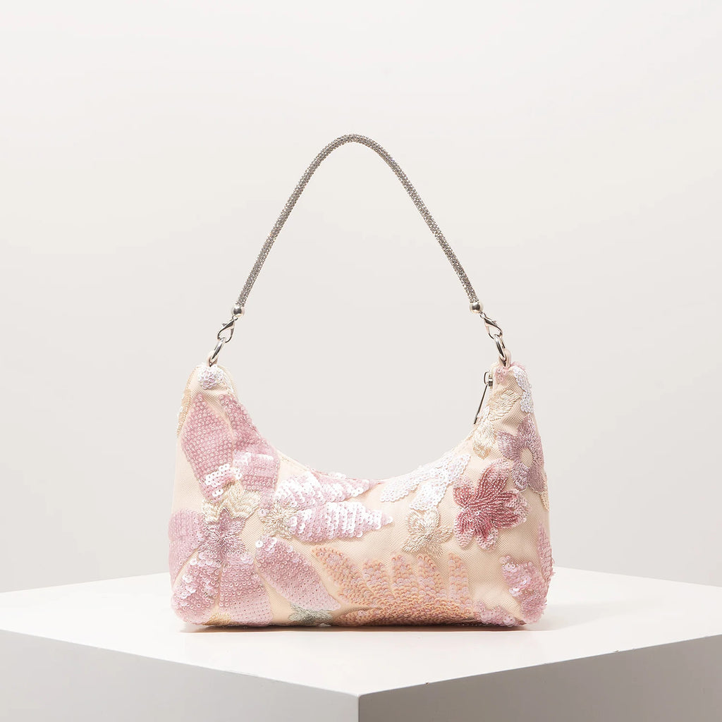 Floral Embroidered Sequin Shoulder Bag For Women Crescent Shape Evening Purse