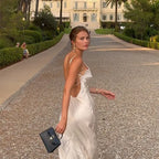 V-Neck Satin Sling Maxi Dress With Lace Patchwork Backless Evening Gown