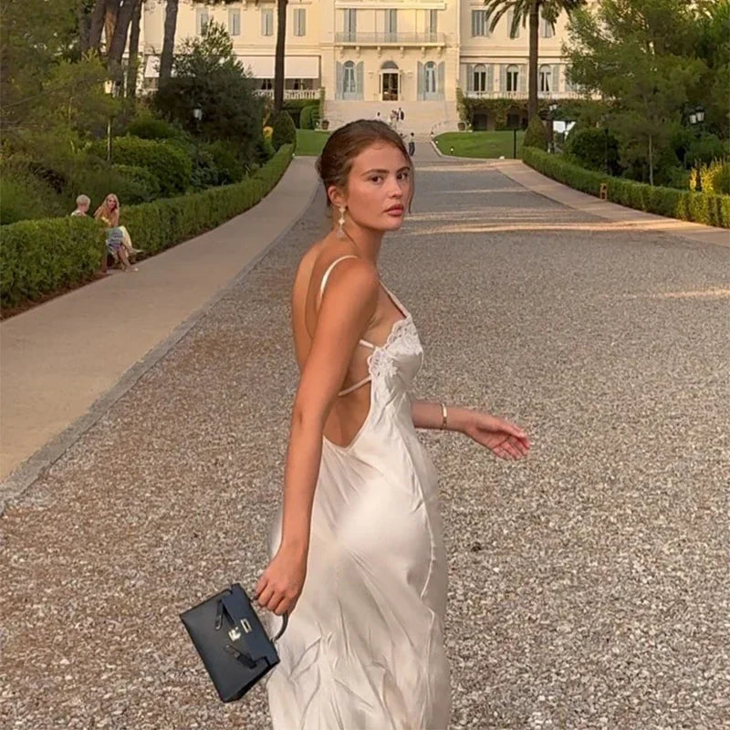V-Neck Satin Sling Maxi Dress With Lace Patchwork Backless Evening Gown