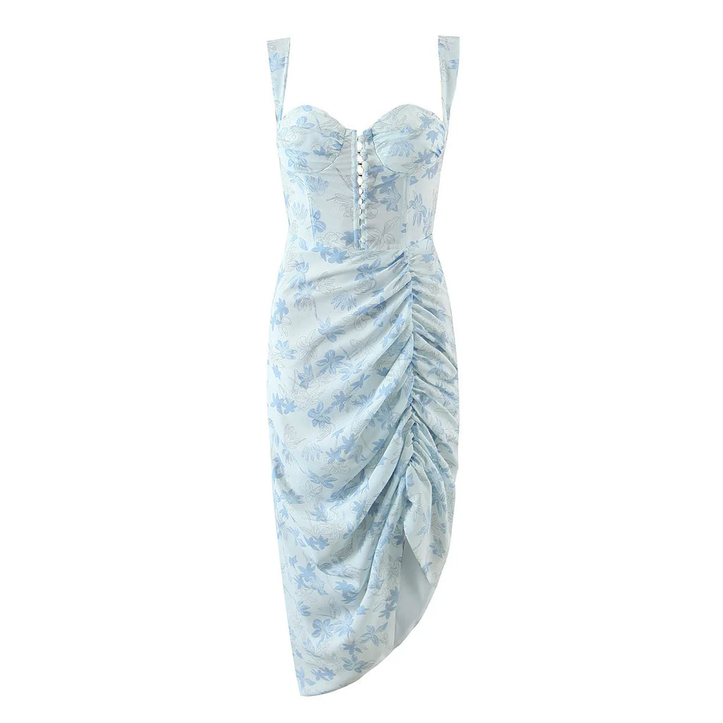 Blue Printed Sleeveless Suspenders Dress With High Waist A Line Gown V Neck