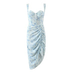 Blue Printed Sleeveless Suspenders Dress With High Waist A Line Gown V Neck