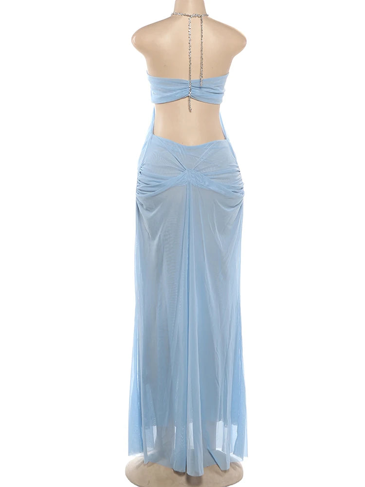 Sheer Halter Gown With Chain Detailing Backless Sleeveless