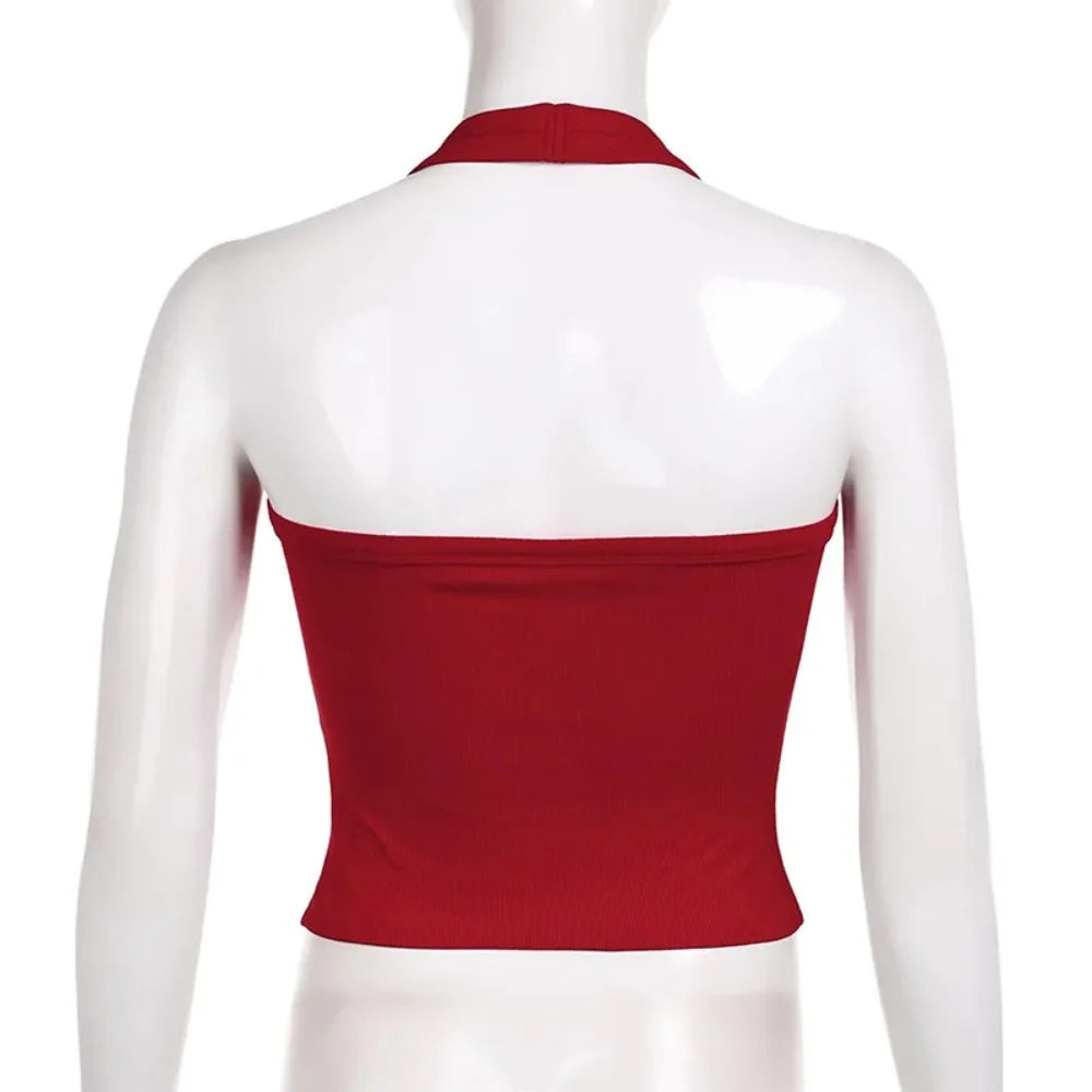 Retro Choker Vest Crop Top In Red With Open Back Knit Tank Style