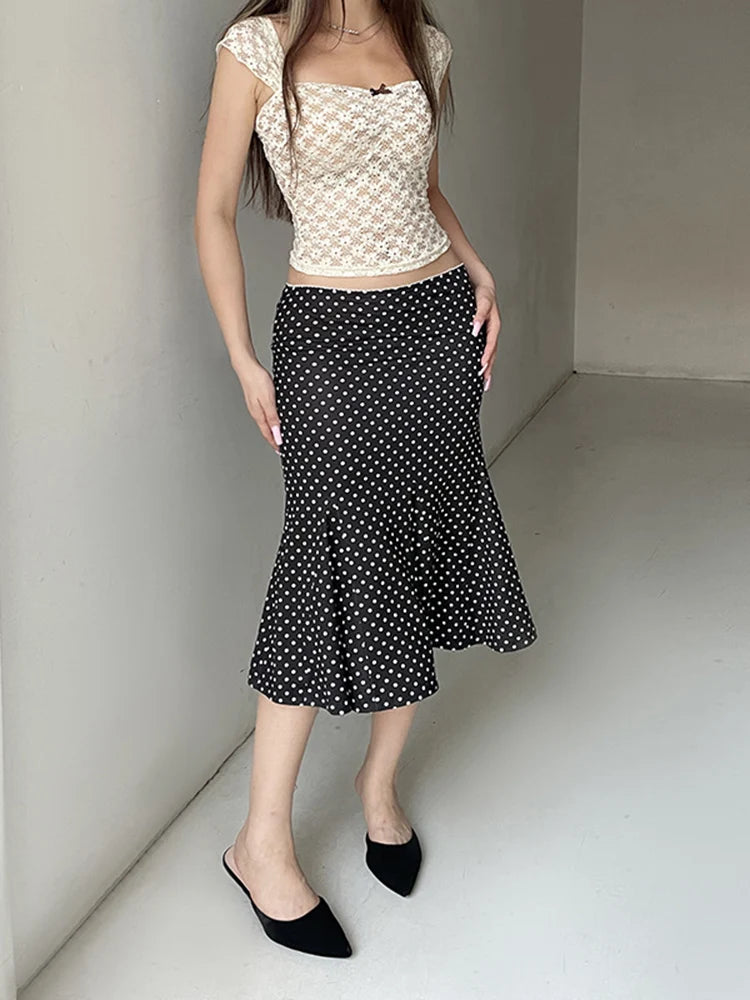 Black Polka Dot Print Midi Skirt With Low Waist Lightweight Knit