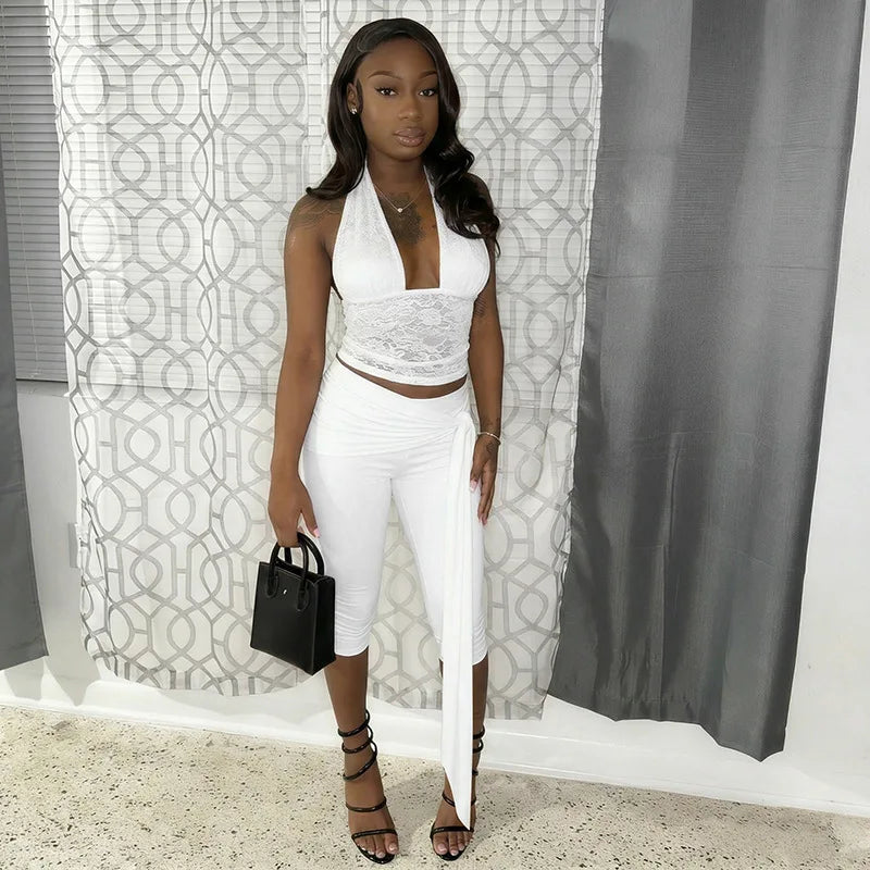 Lace Two Piece Set With Halter Backless Crop Top And Tie Waist Capri Pants See Through