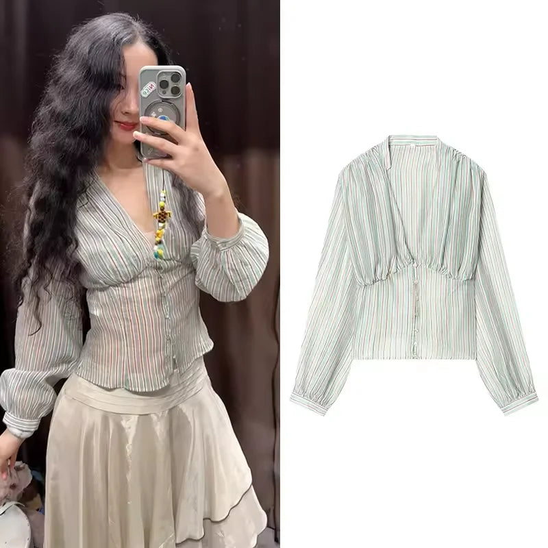 Striped Shirt With Flattering Fit Waist V Neck