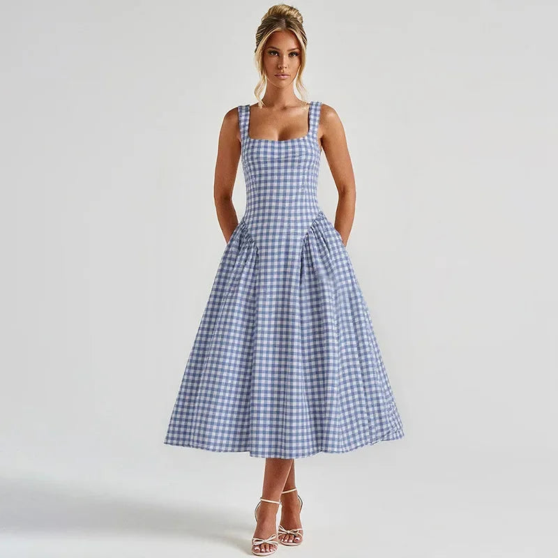Gingham Square Neck A-Line Midi Dress With Pockets