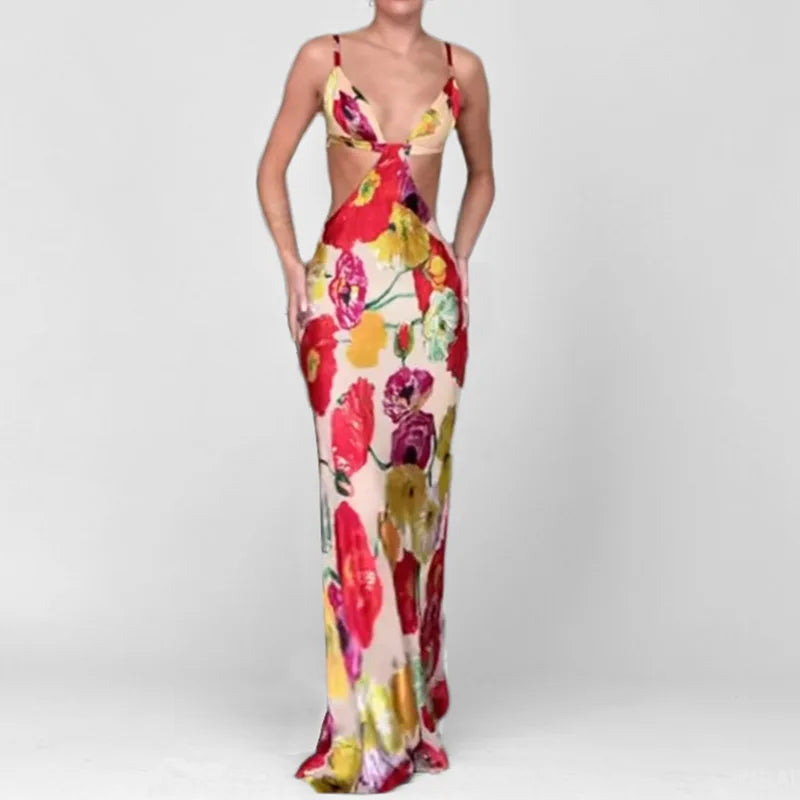 Romantic Garden Party Floral Maxi Dress With V Neckline