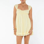 Backless Babydoll Dress With Jacquard Eyelet Lace Square Neck Frill Bust High Waist A Line Sundress