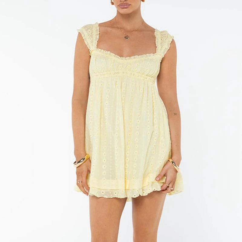 Backless Babydoll Dress With Jacquard Eyelet Lace Square Neck Frill Bust High Waist A Line Sundress
