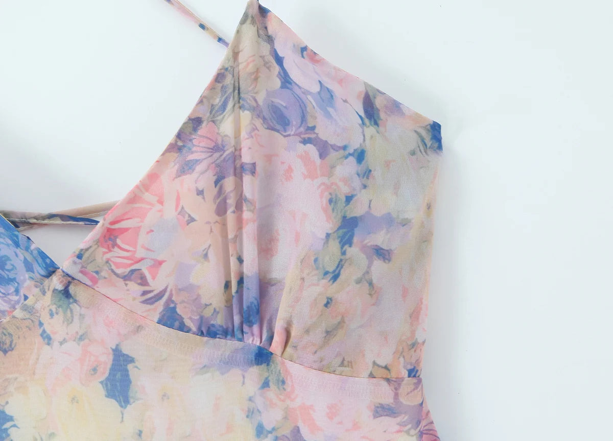 Gradient Floral Ruffles Chiffon Dress With V Neck Backless