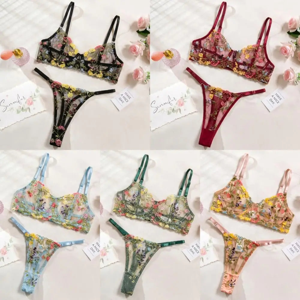 Floral Sheer Embroidery Lingerie Set With Underwire Push Up Bra And Panty Two Piece