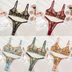 Floral Sheer Embroidery Lingerie Set With Underwire Push Up Bra And Panty Two Piece