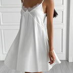 Sexy White Spaghetti Strap Short Lace Pullover Ruched Backless Nightgown