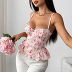 Floral Print Coquette Crop Corset Top With Spaghetti Straps And Ruffle Hem