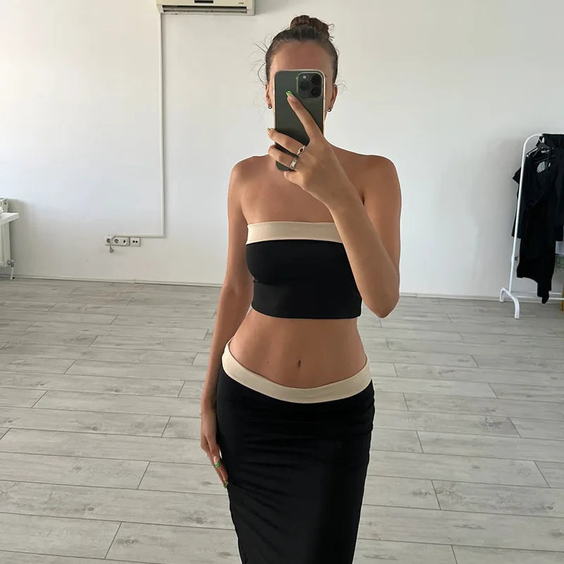 Boho Color Block Strapless Crop Top And Skirt two piece Set For Women