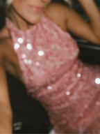 Glam Sequin Halter Mini Dress Backless Party Gown