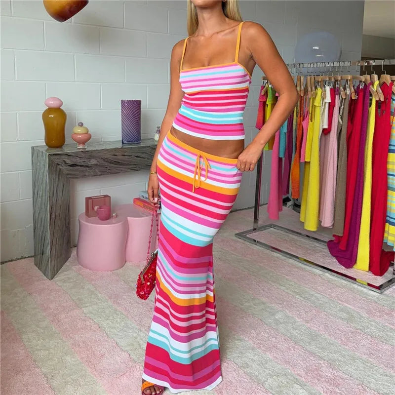 Two Piece Summer Set With Sleeveless Tank And Drawstring Skirt