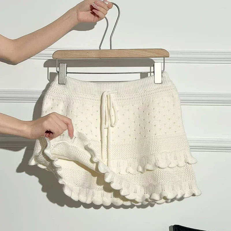 Patchwork Knit Mini Skirt With High Waist Ruffle And Hollow Out Details